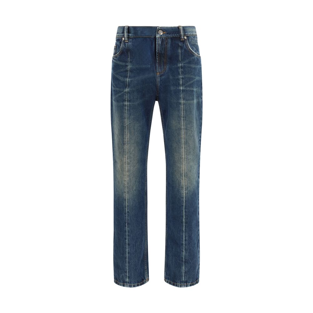 Jeans droits en coton bleu de marque Versace, visibles avec détails et coupe classique.