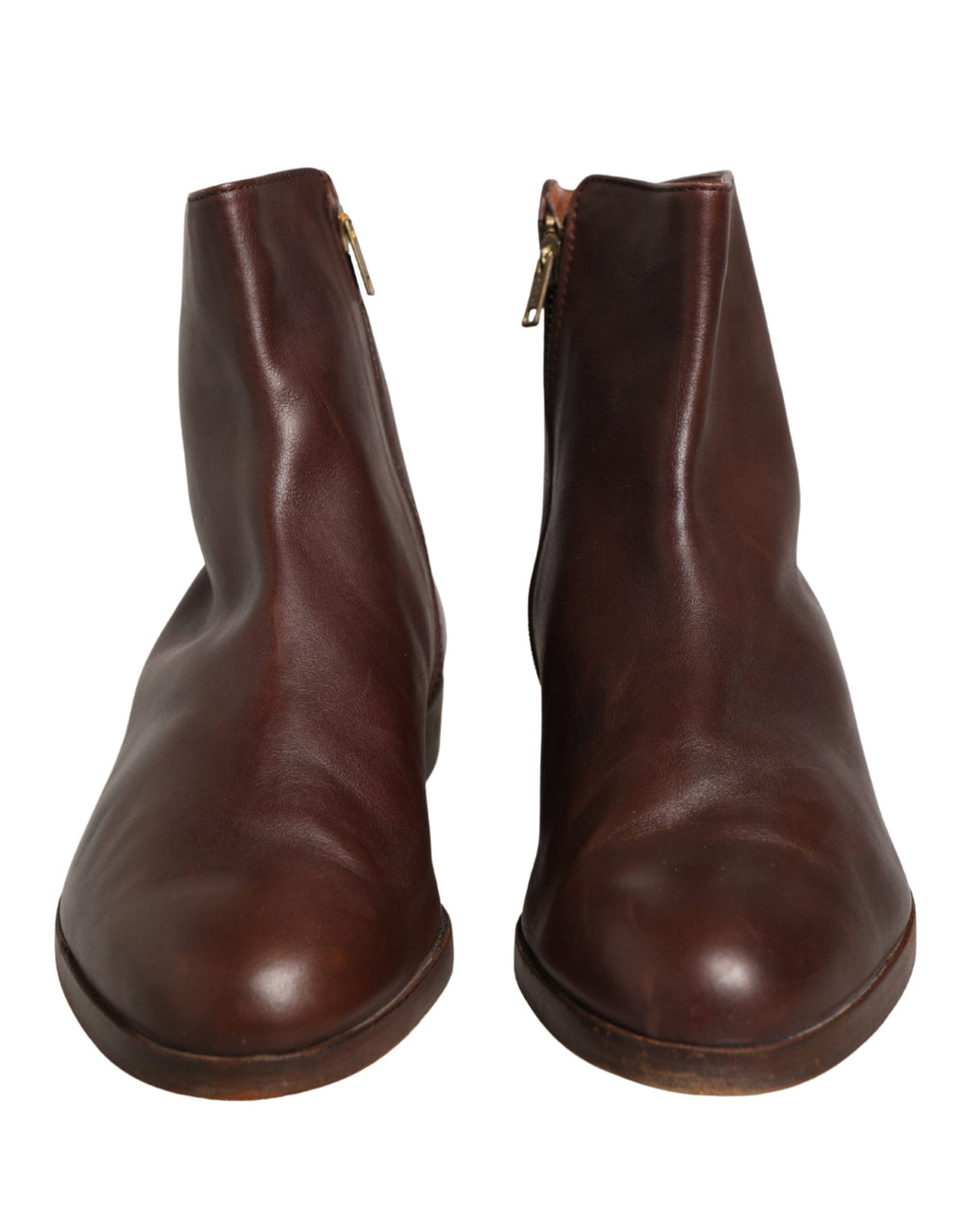 Chaussures Dolce & Gabbana en cuir marron, baskets plates de moto, bottines élégantes pour femme, visibles de face.