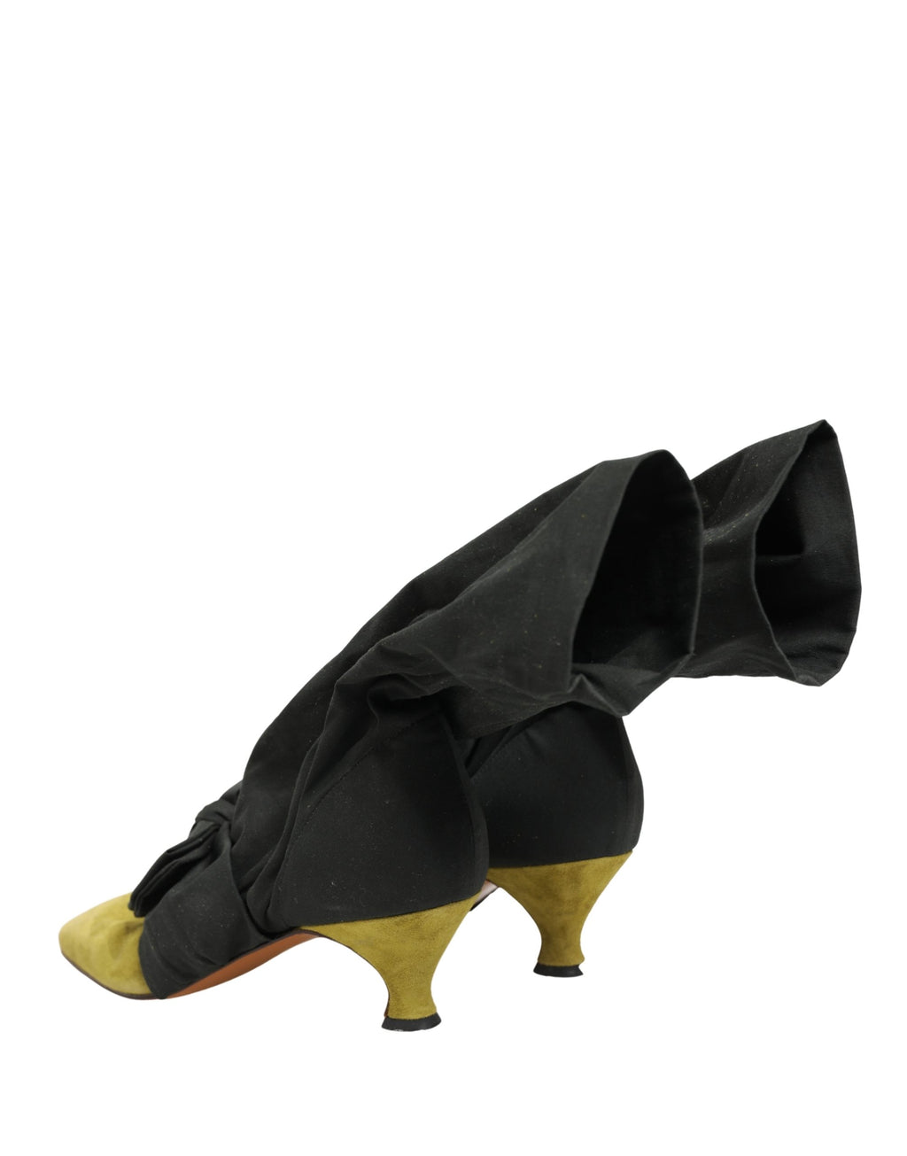 Bottes en daim noires et jaunes de Dolce & Gabbana, chaussures élégantes avec design tendance, vue de profil.