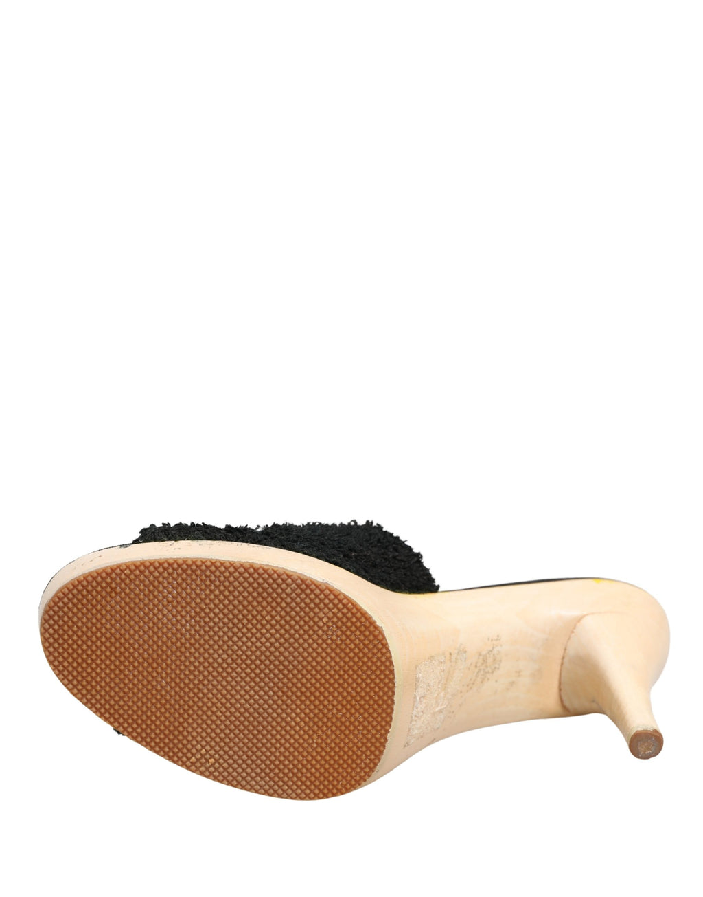 Chaussures mules en tissu noir Dolce & Gabbana avec plateforme en bois et détail en fourrure, style élégant et tendance.