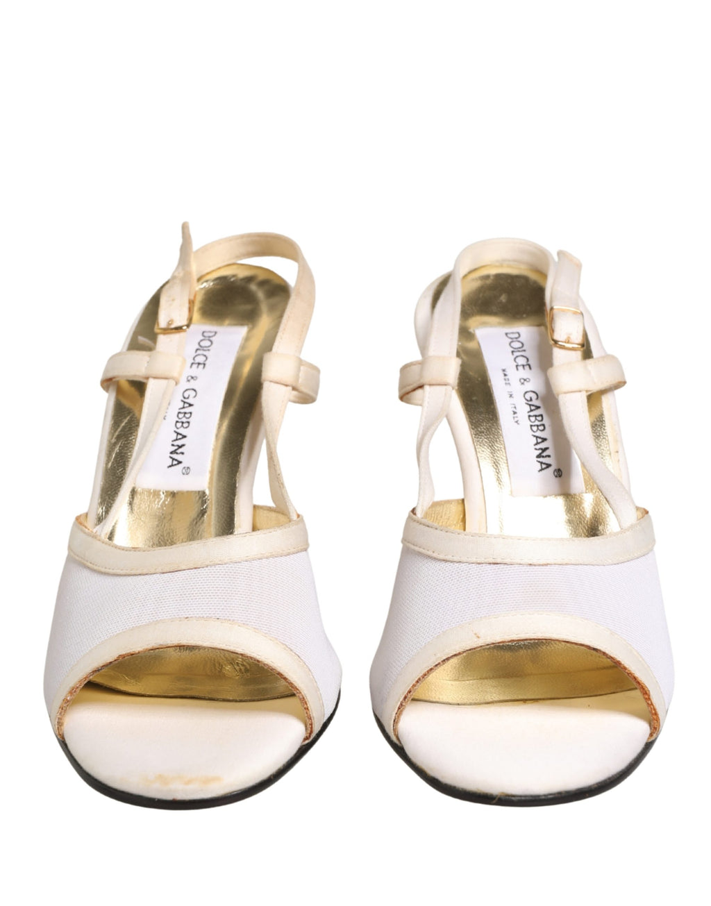 Chaussures à talons satin blanc Dolce & Gabbana, escarpins à bride arrière, élégantes et sophistiquées.