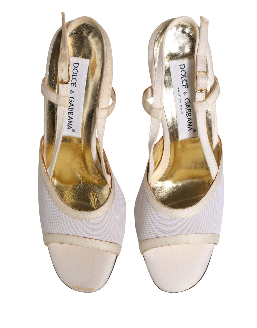 Chaussures à talons Dolce & Gabbana en satin blanc, escarpins à talons arrière et bride de cheville élégante.