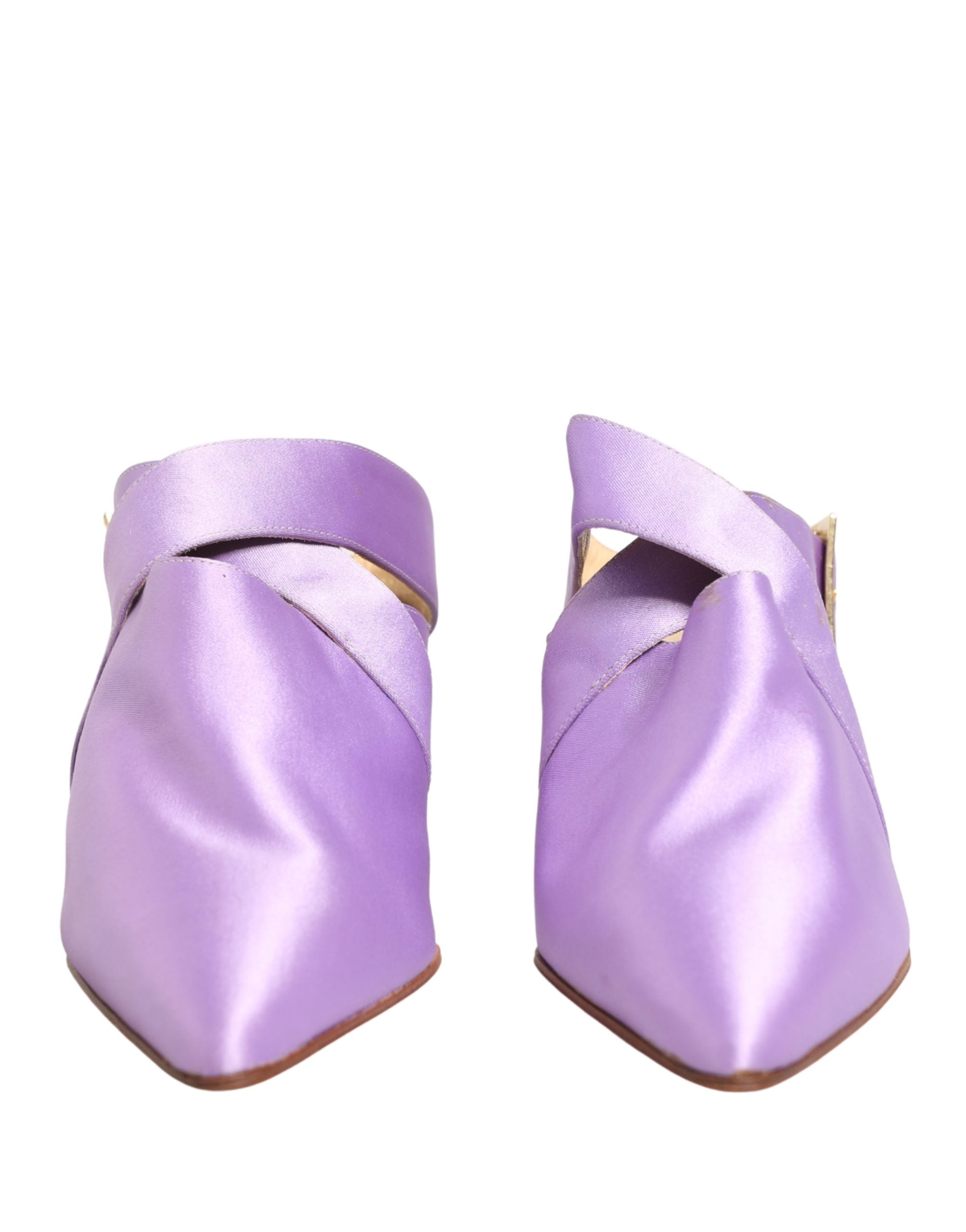 Sandales en satin violet de Dolce & Gabbana, chaussures élégantes avec brides fines et finition luxueuse, vue de côté.