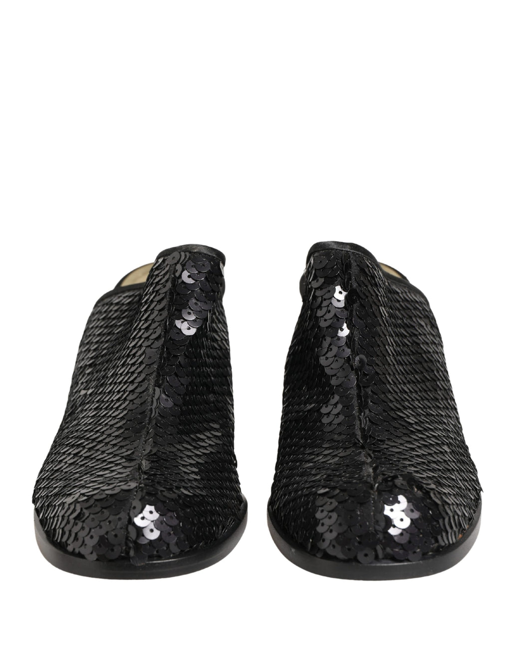 Mules noires Dolce & Gabbana à sequins brillants, chaussures élégantes pour femme, vue de face.