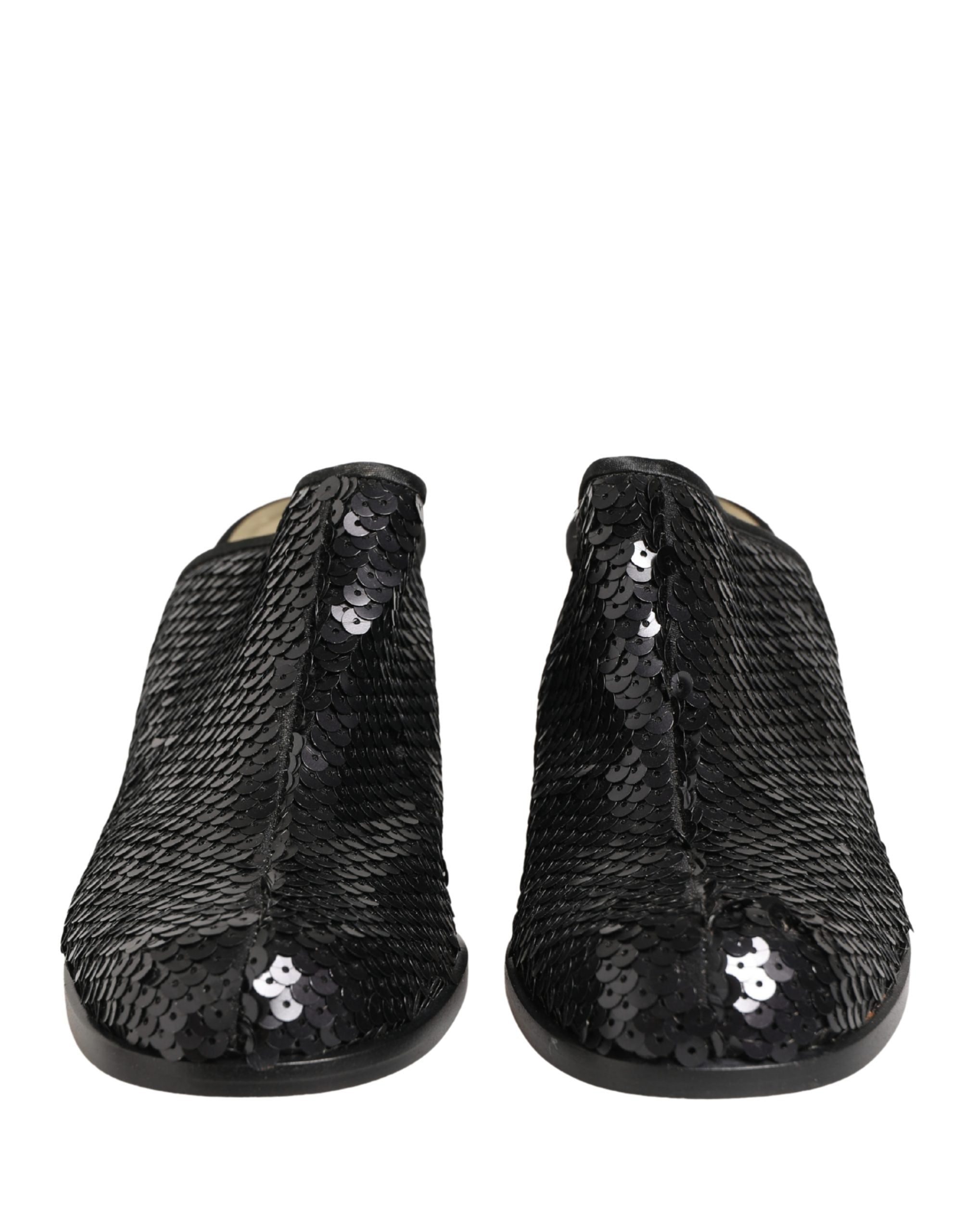 Mules noires Dolce & Gabbana à sequins brillants, chaussures élégantes pour femme, vue de face.