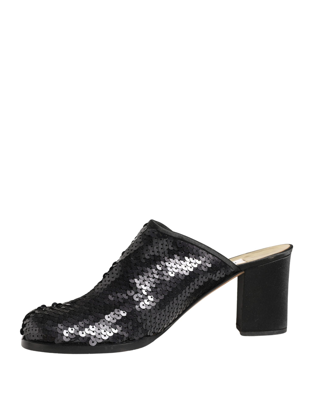 Mules noires Dolce & Gabbana à sequins brillants, chaussures élégantes pour femmes, vue de face.