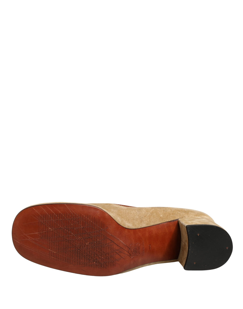 Chaussures Dolce & Gabbana mocassins en cuir beige avec talon bloc en suède, élégantes et confortables.