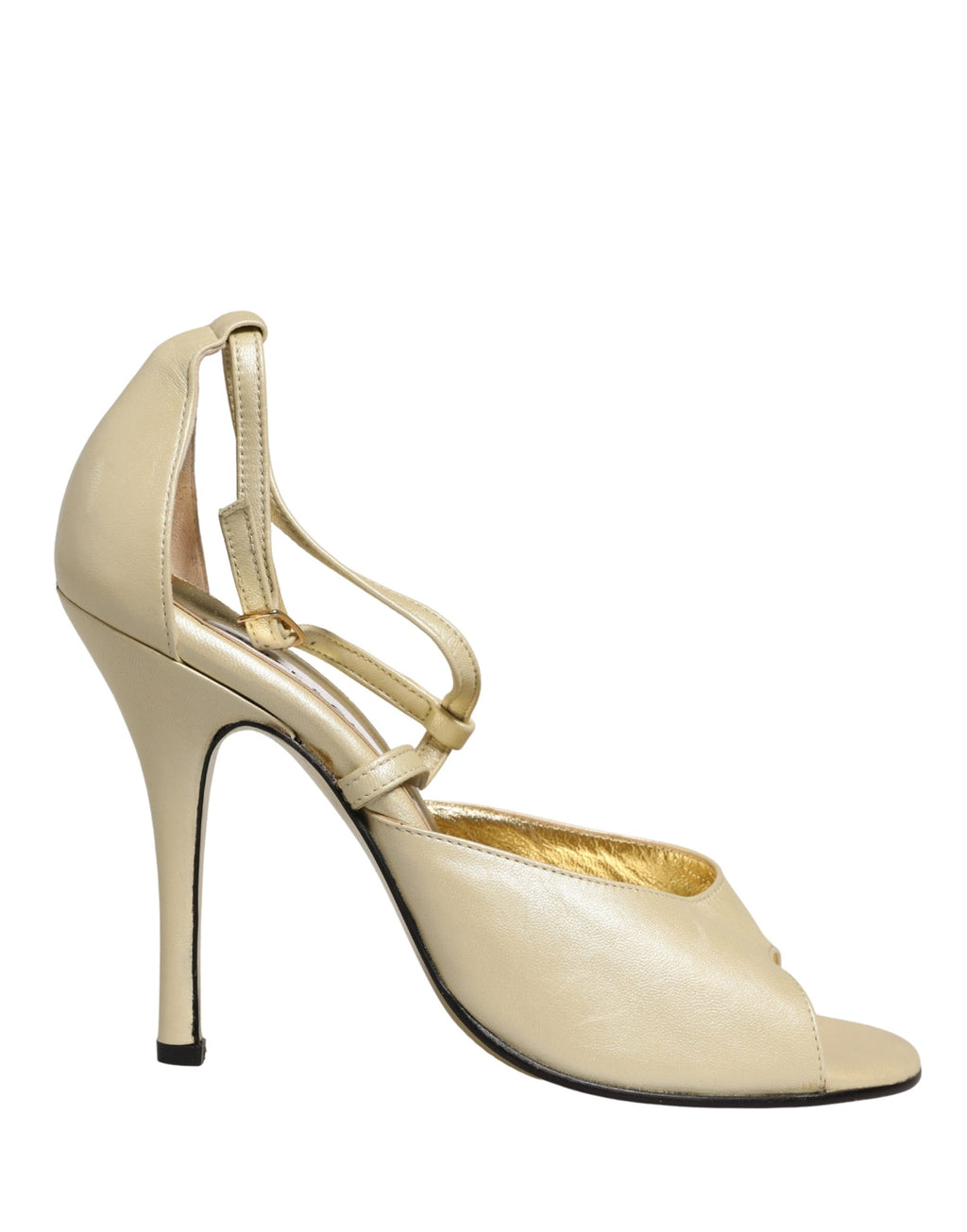 Sandales à talons stilettos en cuir beige de Dolce & Gabbana, vue de profil avec semelle et bride élégantes