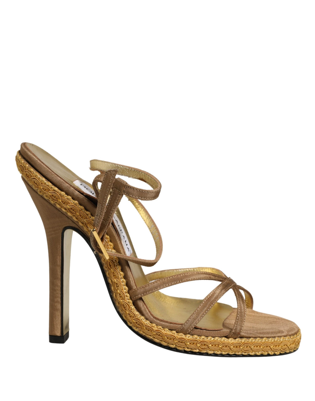 Sandales à talons Dolce & Gabbana marron à brides en cuir tressé et à la cheville, style élégant et sophistiqué.