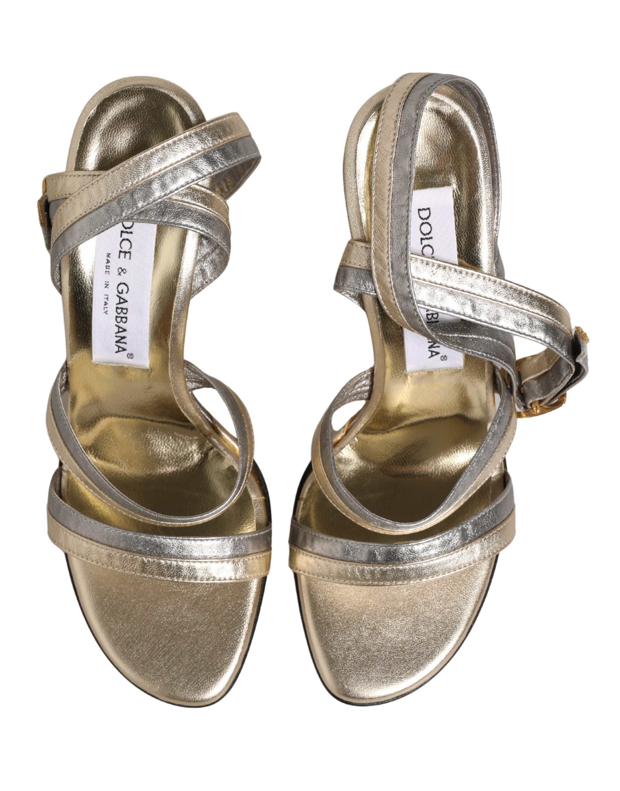 Sandales à talons compensés en cuir doré et argenté de Dolce & Gabbana, chaussures élégantes avec brides fines.