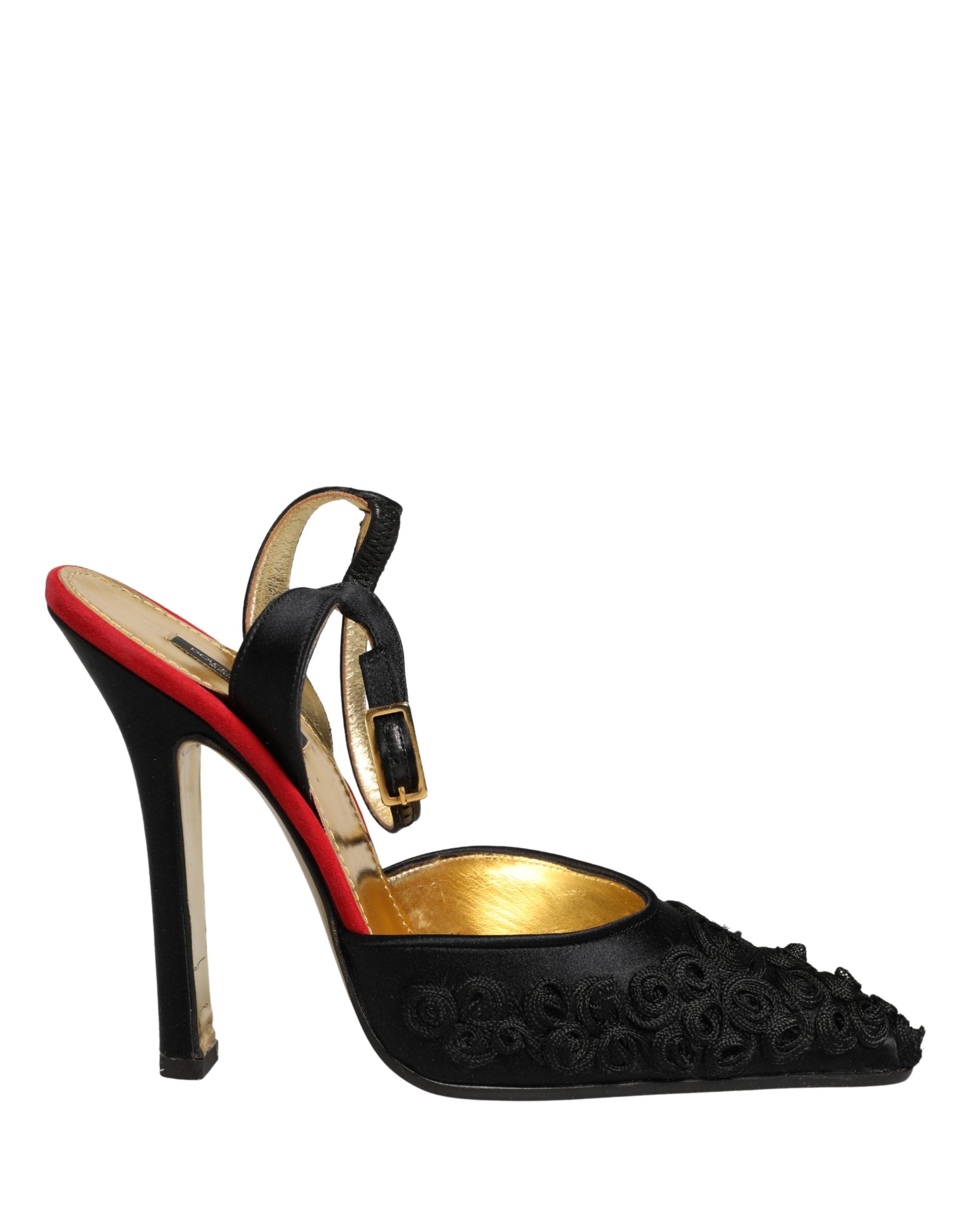 Sandales à talon noir en satin avec bride à la cheville et motif floral, de la marque Dolce & Gabbana.