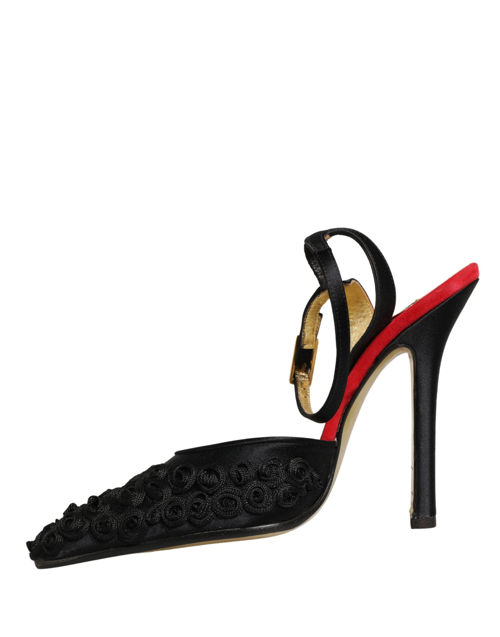 Sandales à talons Dolce & Gabbana en satin noir avec bride à la cheville et motif floral.
