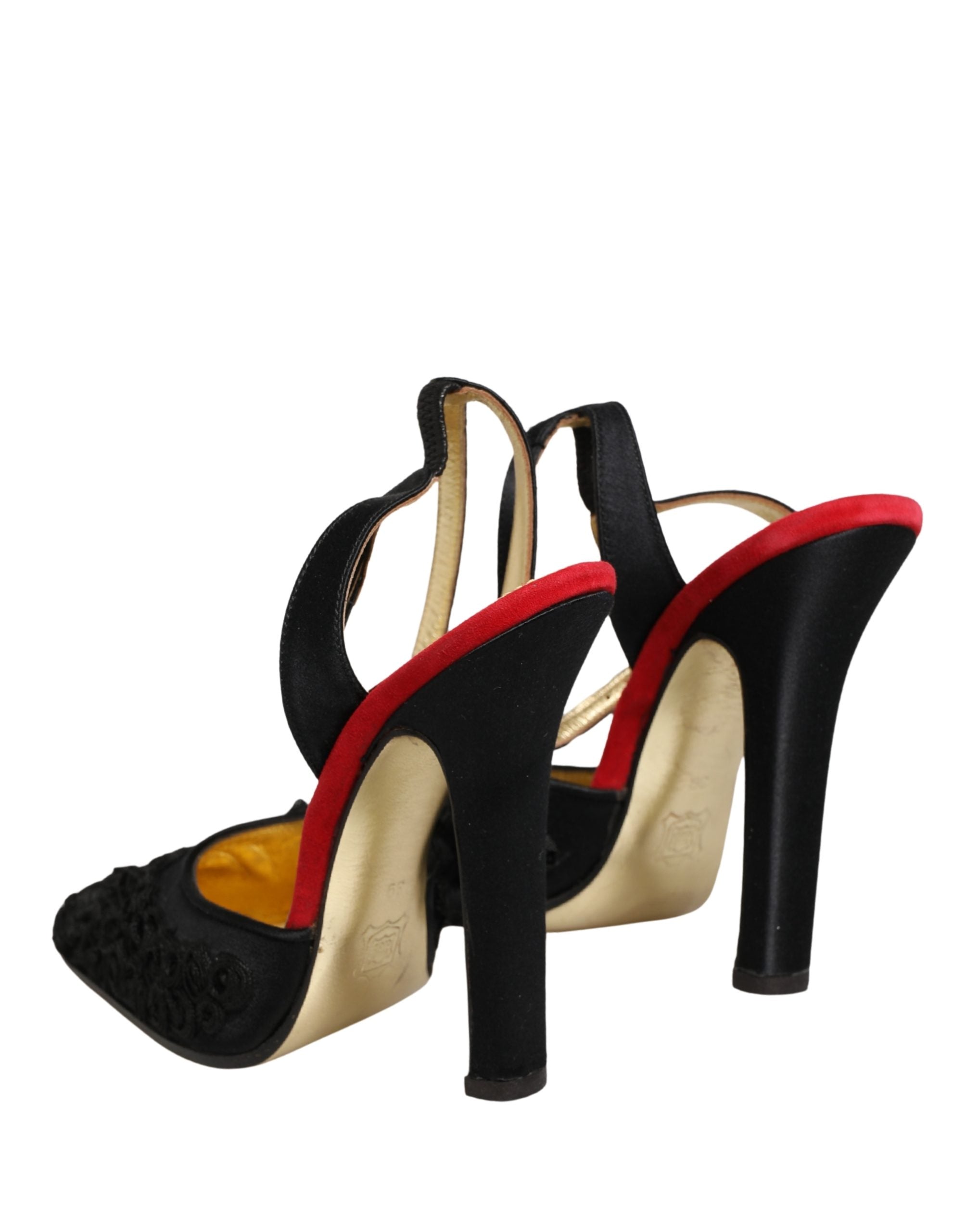 Sandales noires en satin Dolce & Gabbana avec bride à la cheville et motif floral, élégantes pour femmes.