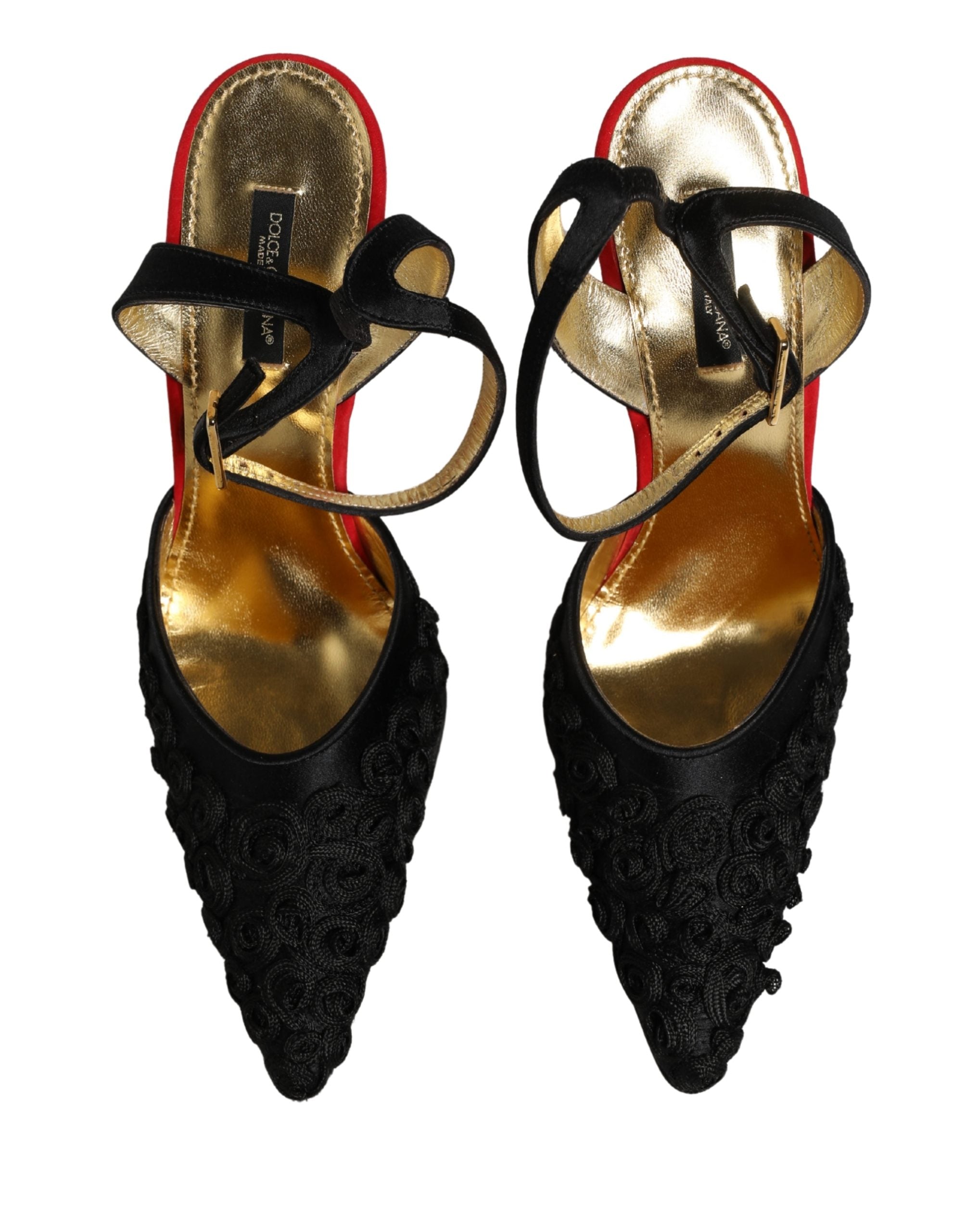 Sandales à talon en satin noir Dolce & Gabbana avec bride à la cheville et motif floral, élégantes chaussures pour femmes.