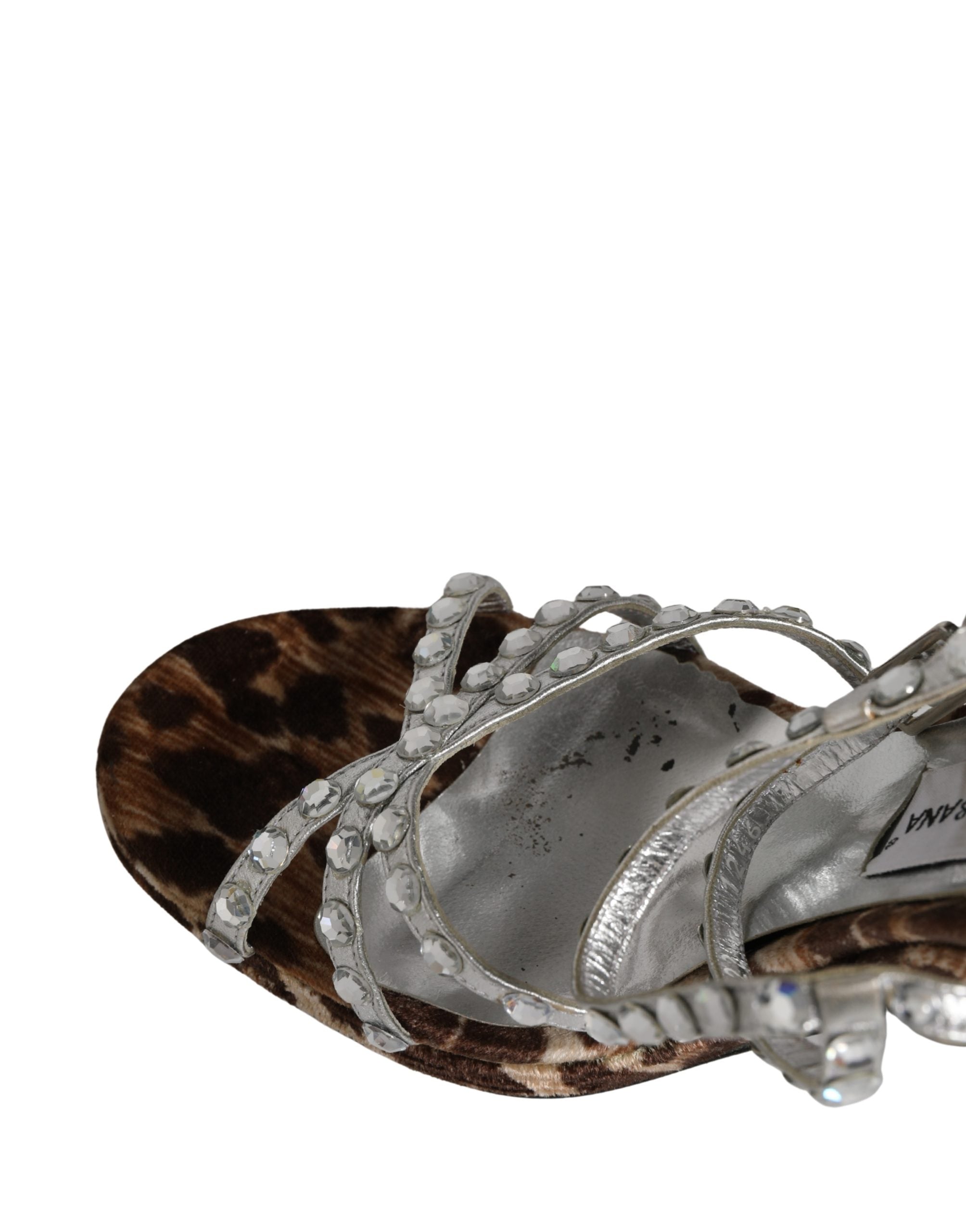 Sandales stilettos Dolce & Gabbana à imprimé léopard brun avec strass, élégantes chaussures à talon haut.