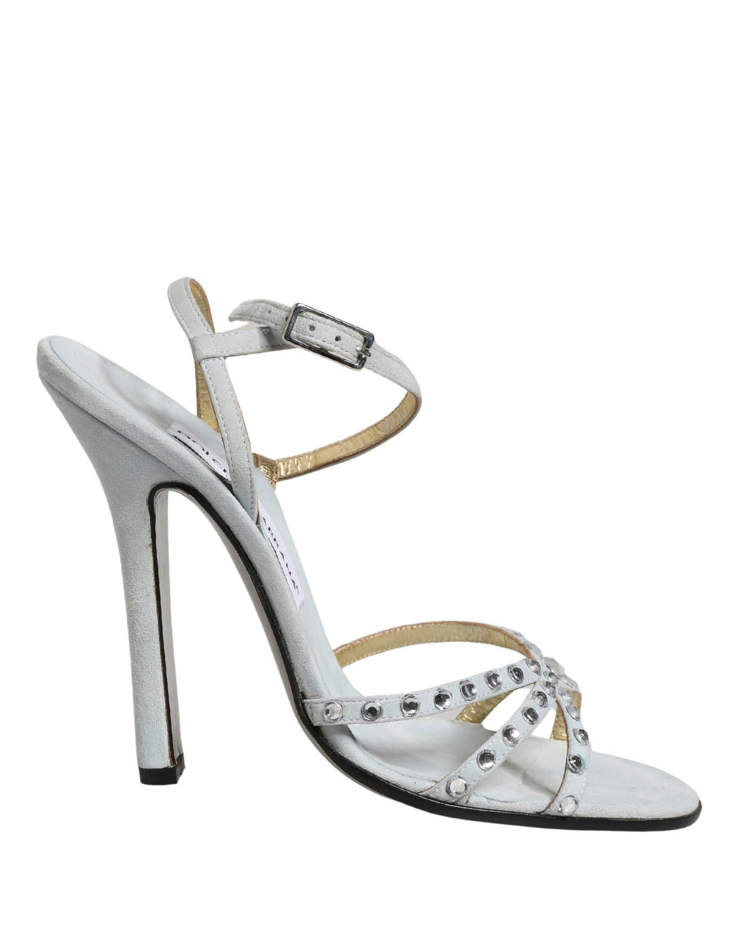 Sandales à talons hauts Dolce & Gabbana blanches ornées de strass, chaussures élégantes en cuir avec semelle fine.