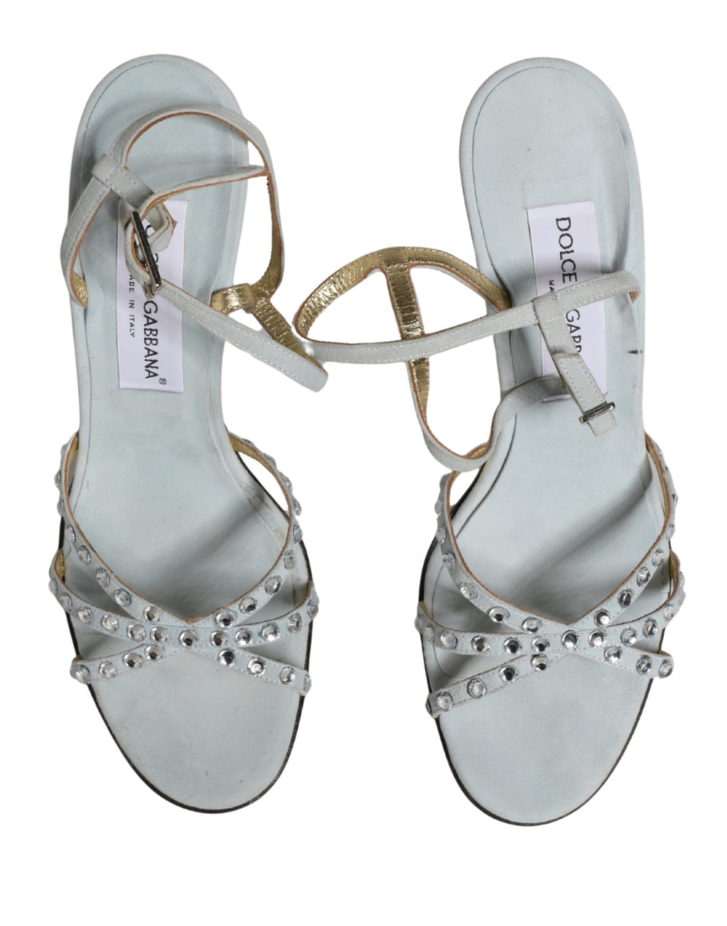 Sandales à talons hauts Dolce & Gabbana blanches ornées de strass, chaussures élégantes avec design sophistiqué.