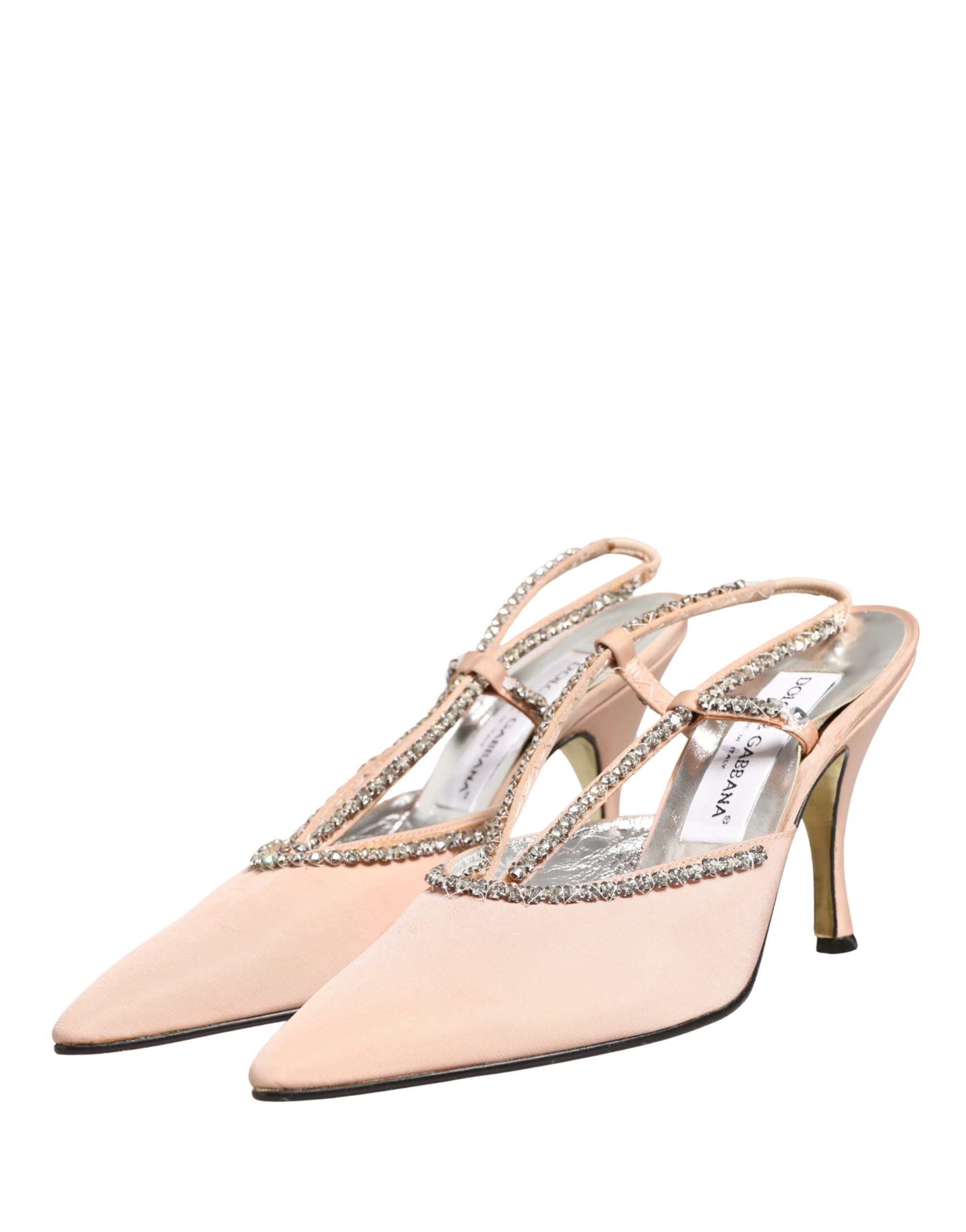 Sandales à talons beiges Dolce & Gabbana avec cristaux, chaussures à talons slingbacks élégantes et sophistiquées.