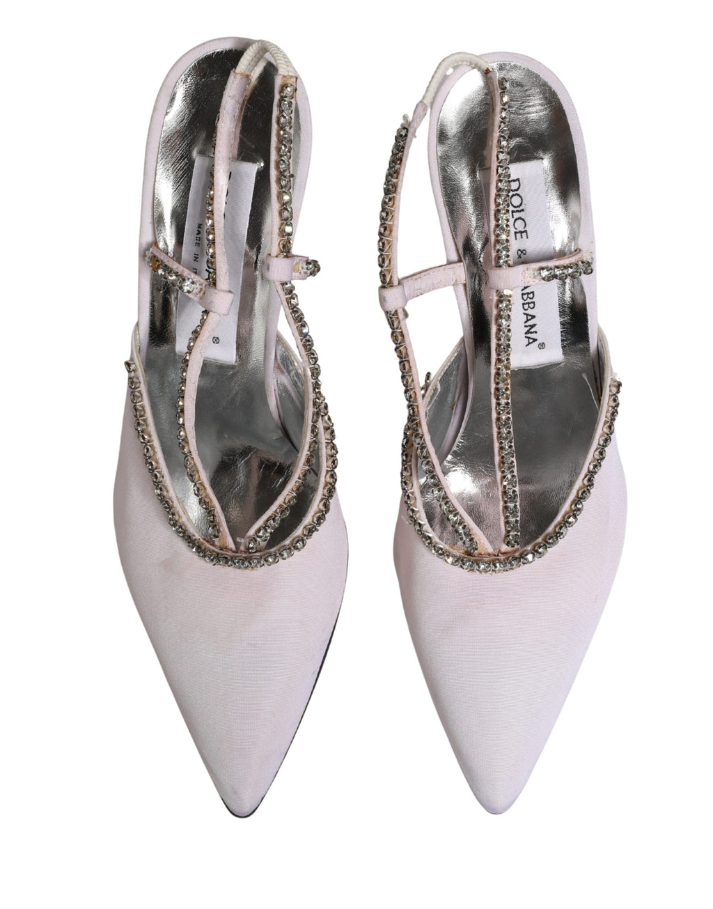 Chaussures Dolce & Gabbana slingbacks blanches en cristal strass, élégantes et sophistiquées, vues de face.