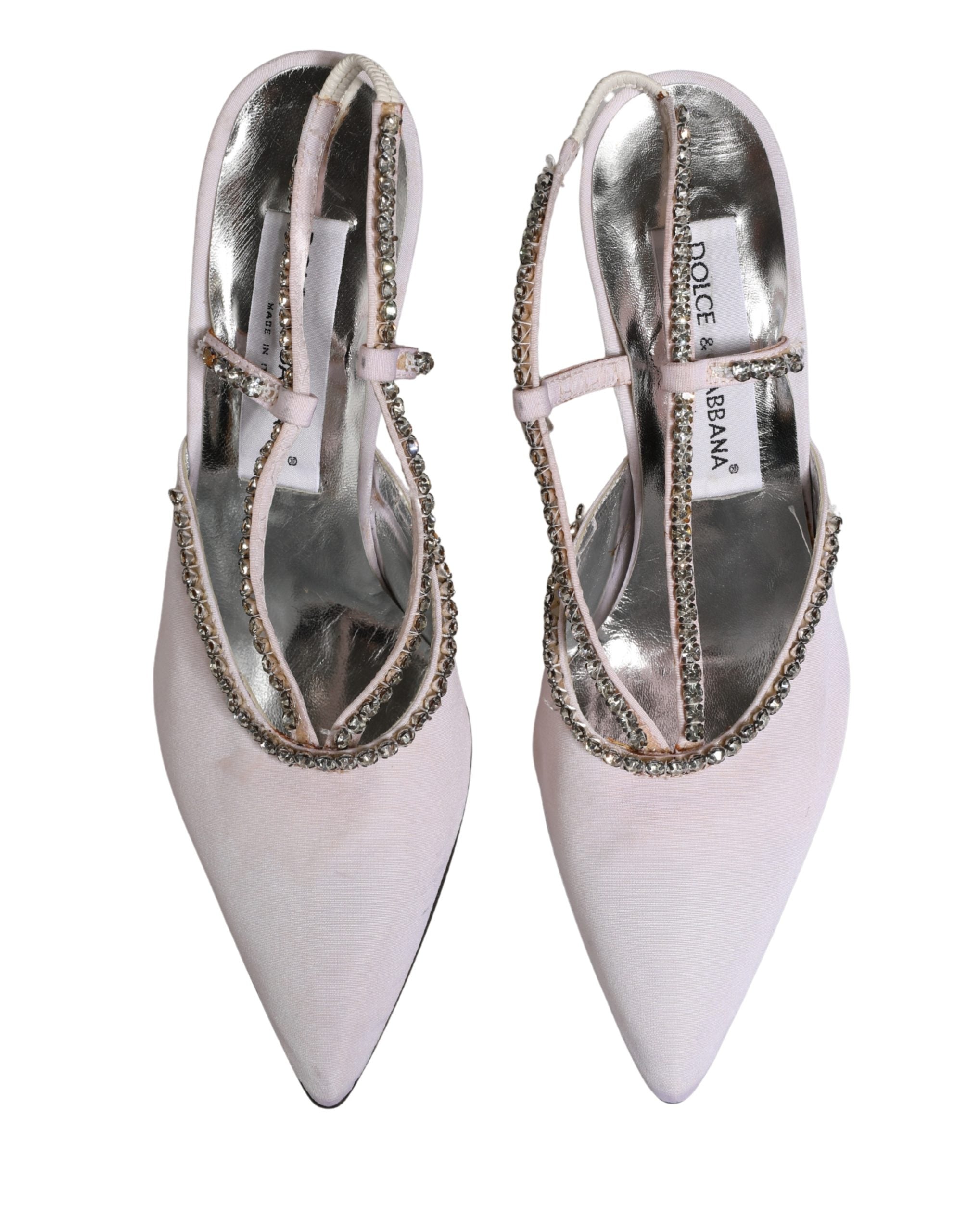 Chaussures Dolce & Gabbana slingbacks blanches en cristal strass, élégantes et sophistiquées, vues de face.
