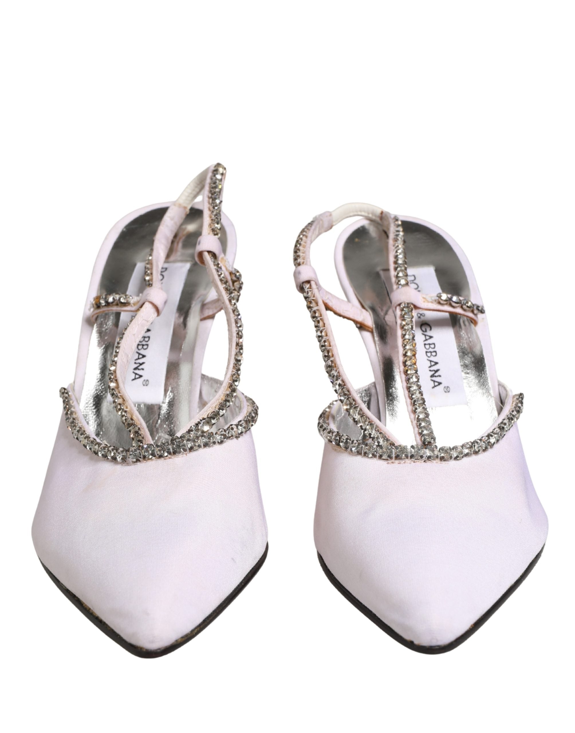 Chaussures à talons Dolce & Gabbana, slingbacks blanches avec strass et cristaux, élégantes et sophistiquées.