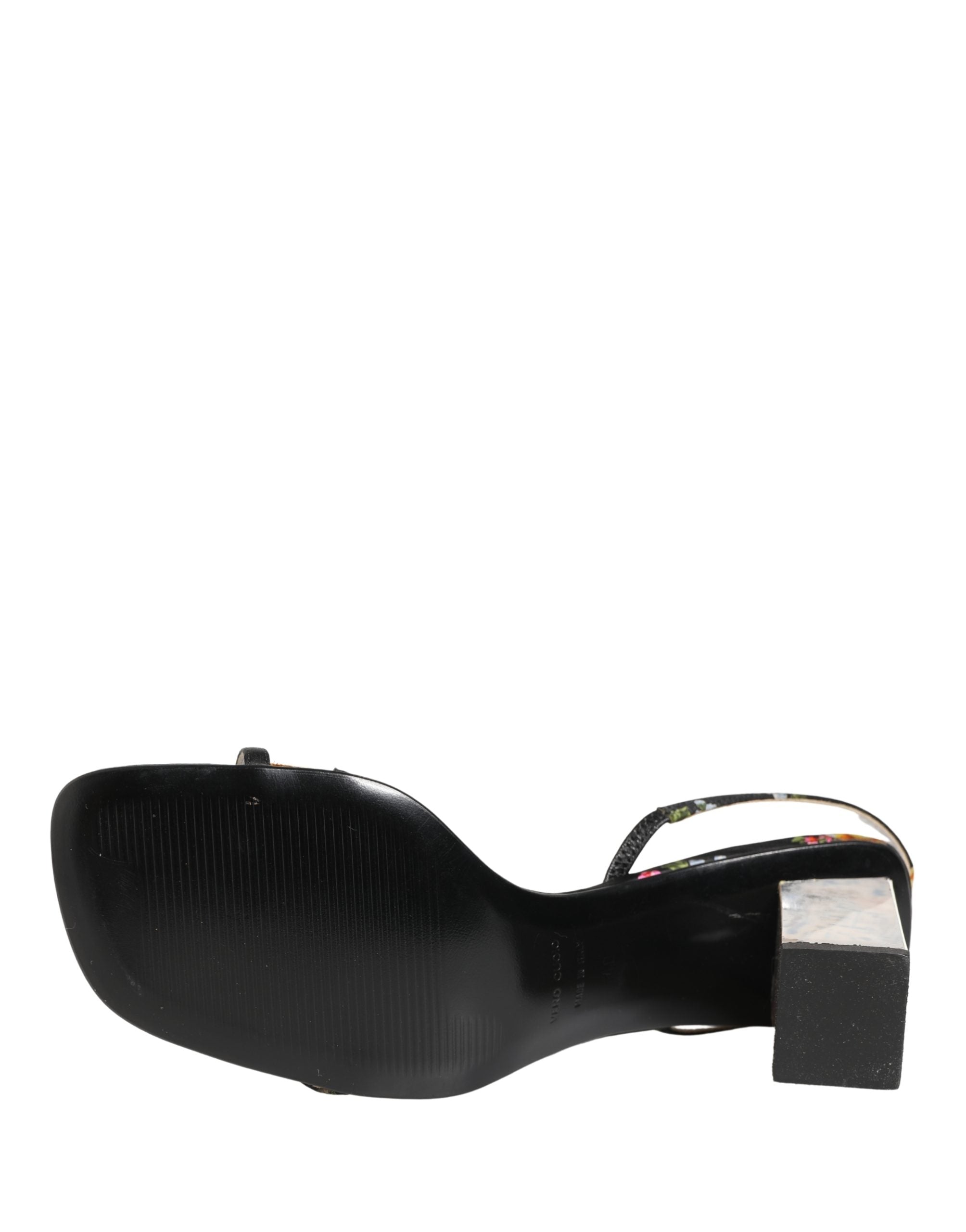 Sandales à talons Dolce & Gabbana noires et argentées avec motif floral, chaussures élégantes pour femmes.