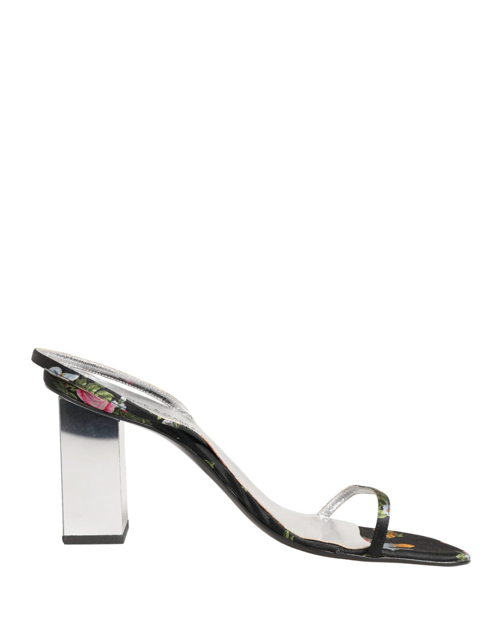 Sandales à talons Dolce & Gabbana noires et argentées avec motifs floraux, en cuir, visibles en gros plan.