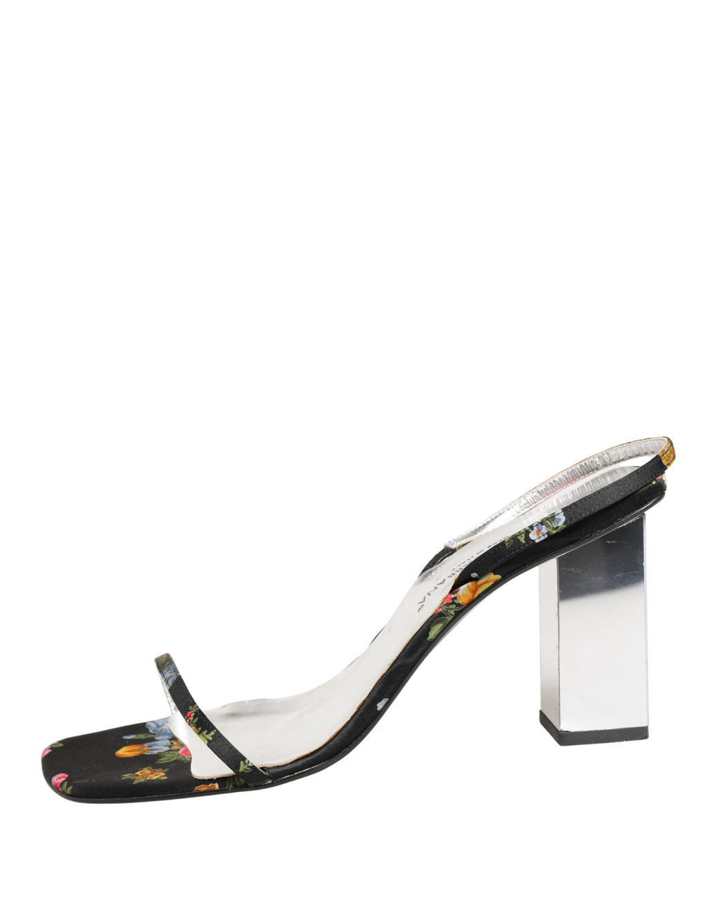 Sandales à talons Dolce & Gabbana noires et argentées avec motifs floraux, talons carrés et design élégant.