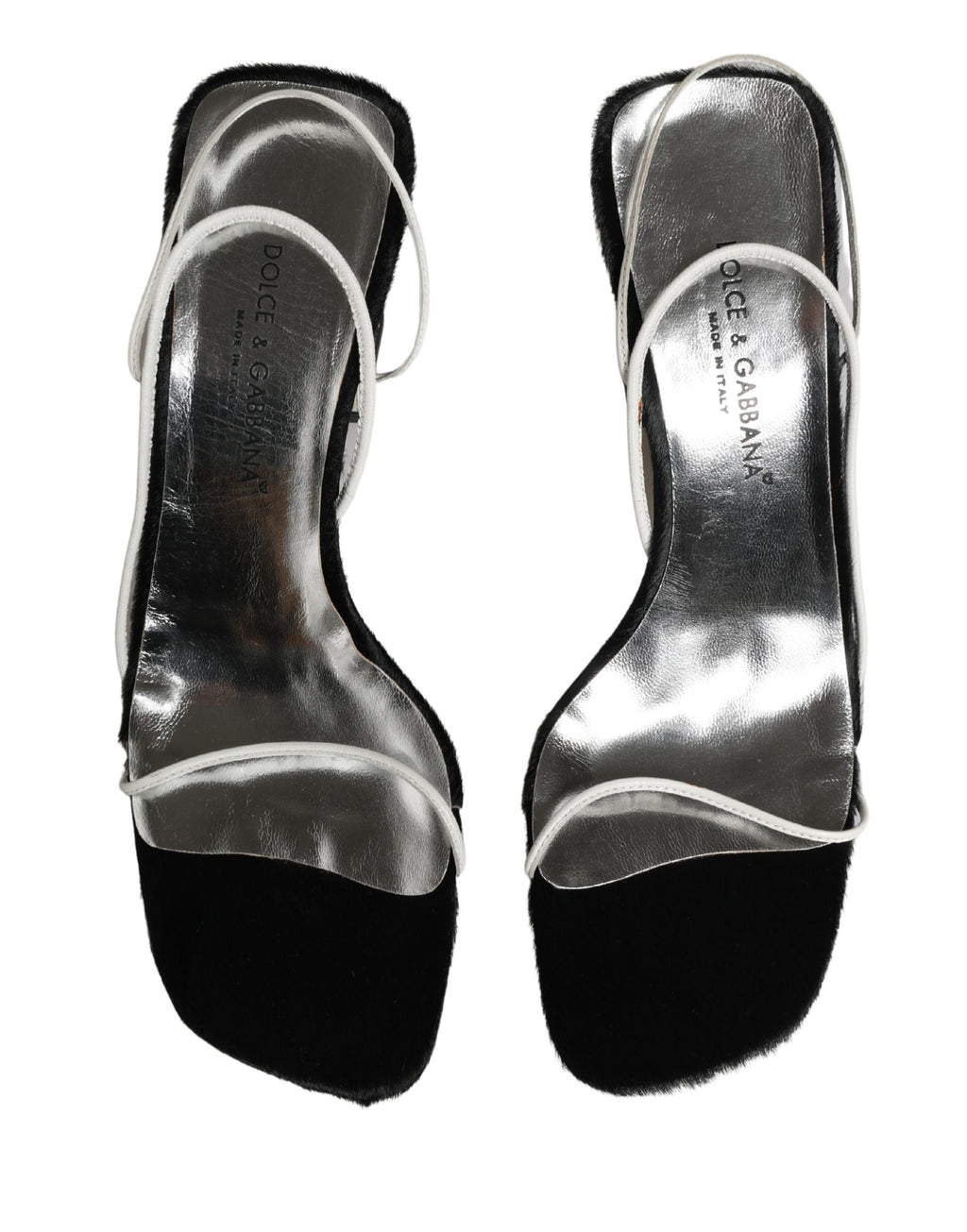 Sandales à talons carrés en cuir noir et argent de Dolce & Gabbana, chaussures élégantes avec semelle épaisse et design sophistiqué.