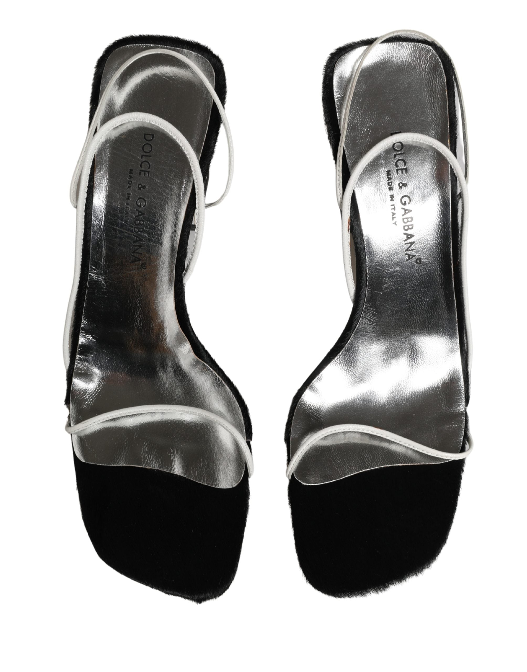 Sandales à talons carrés en cuir noir et argent de Dolce & Gabbana, chaussures élégantes avec semelle épaisse et design sophistiqué.