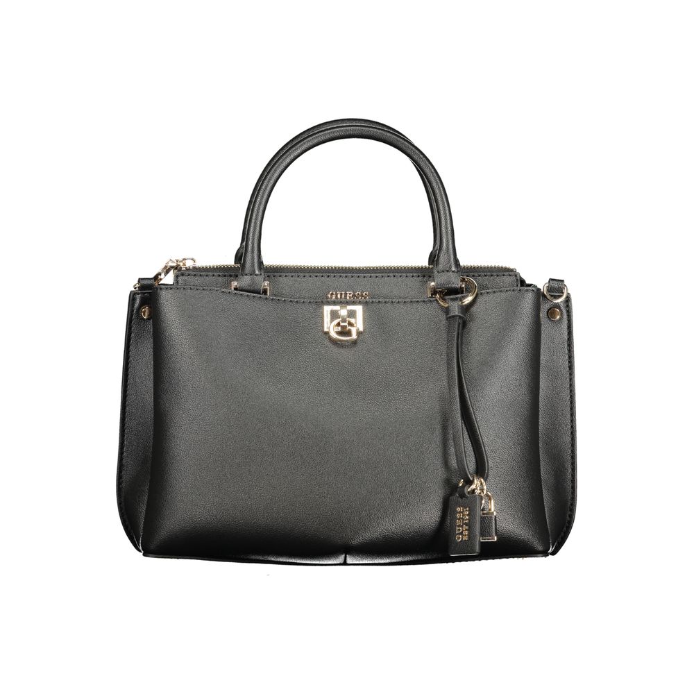 Sac à main noir en polyuréthane Guess Jeans pour femmes, élégant et moderne, avec détails en cuir synthétique visible.