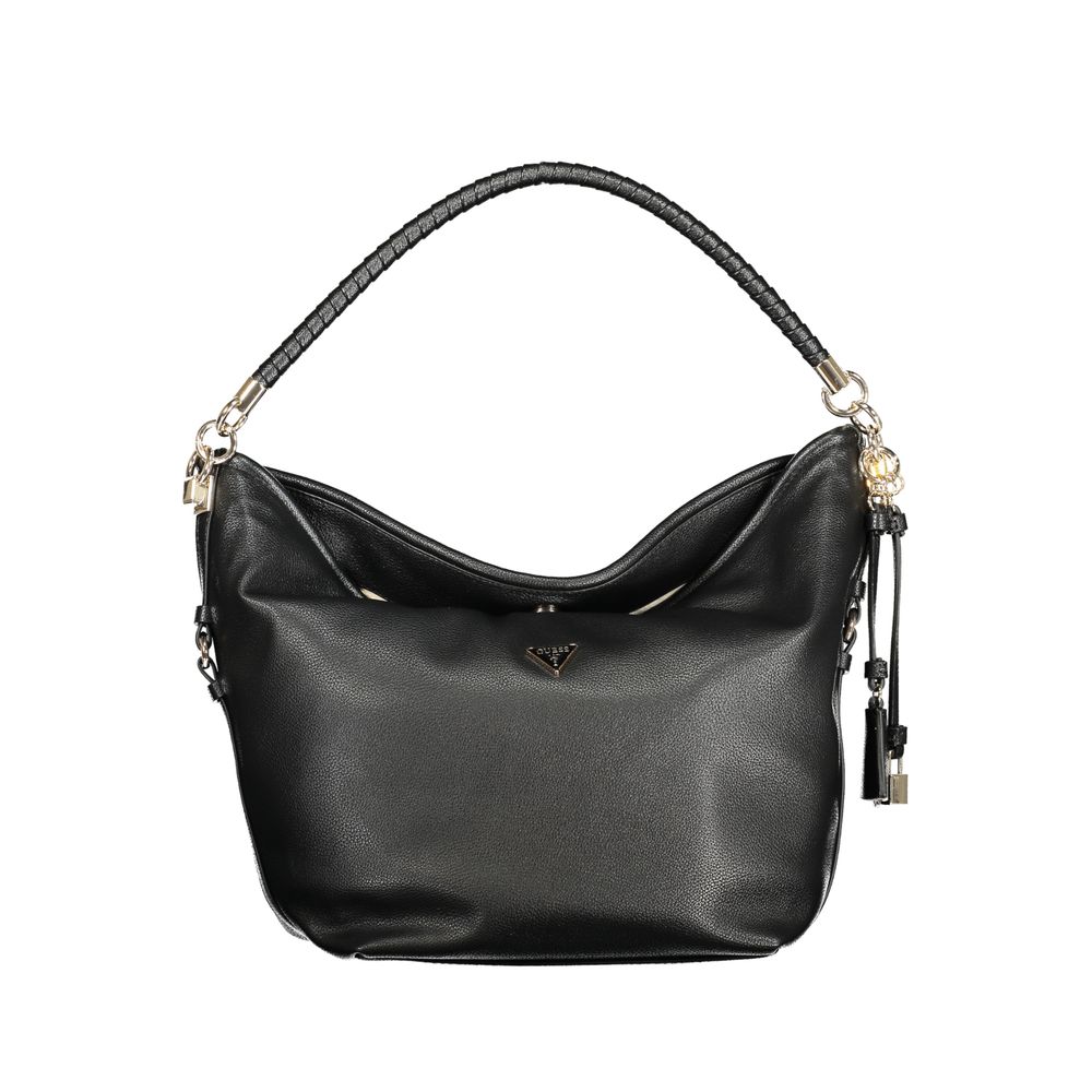 Sac à bandoulière noir Guess Jeans en polyuréthane pour femmes, style moderne et élégant, visible avec détails en cuir synthétique.