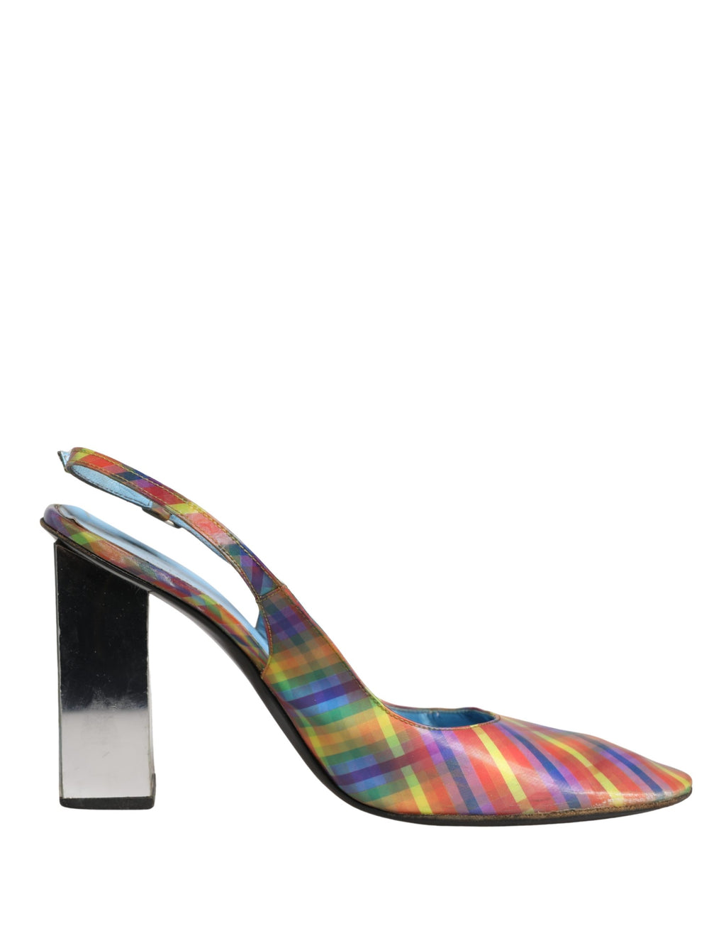 Sandales à talons Dolce & Gabbana à carreaux multicolores, sandales slingback élégantes avec talons hauts.