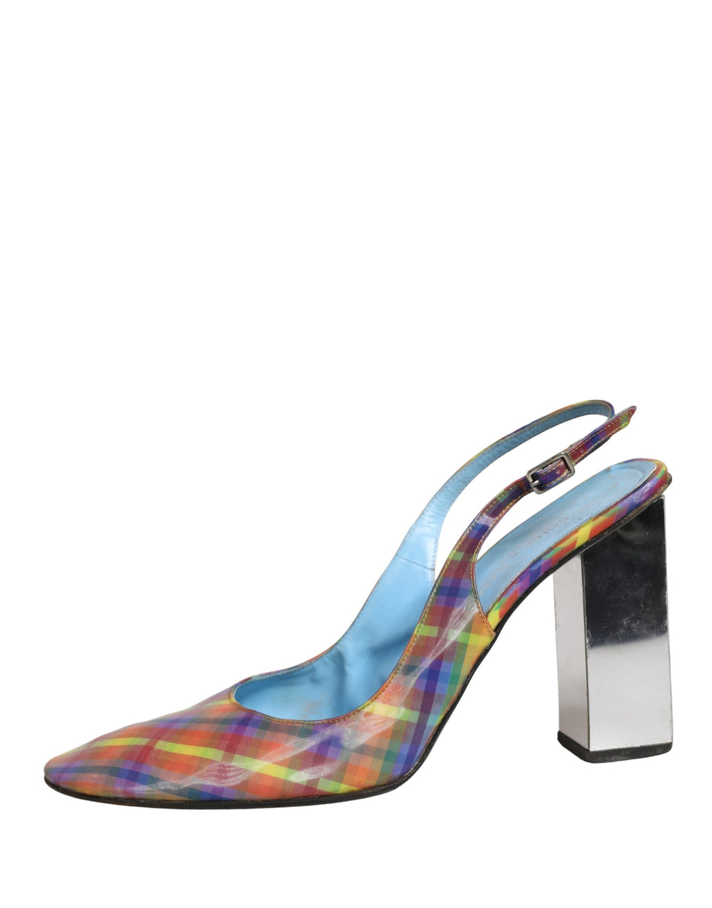 Escarpins à talons Dolce & Gabbana à carreaux multicolores, sandales à talon slingback élégantes et tendance.