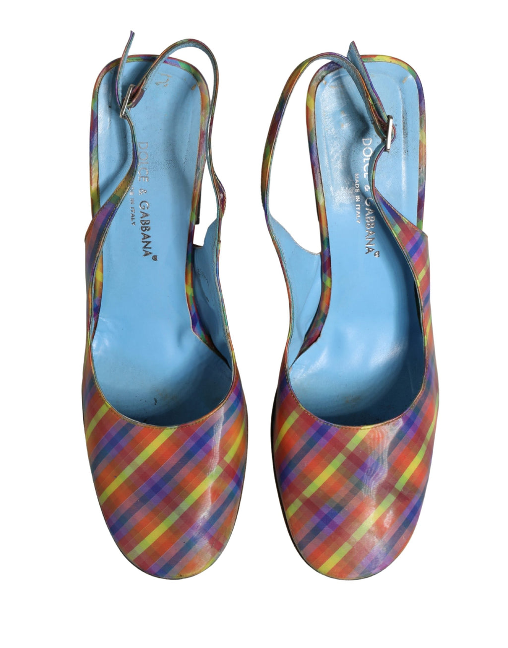 Escarpins à talons multicolores à carreaux Dolce & Gabbana, sandales à talons, style slingback, design élégant et coloré.