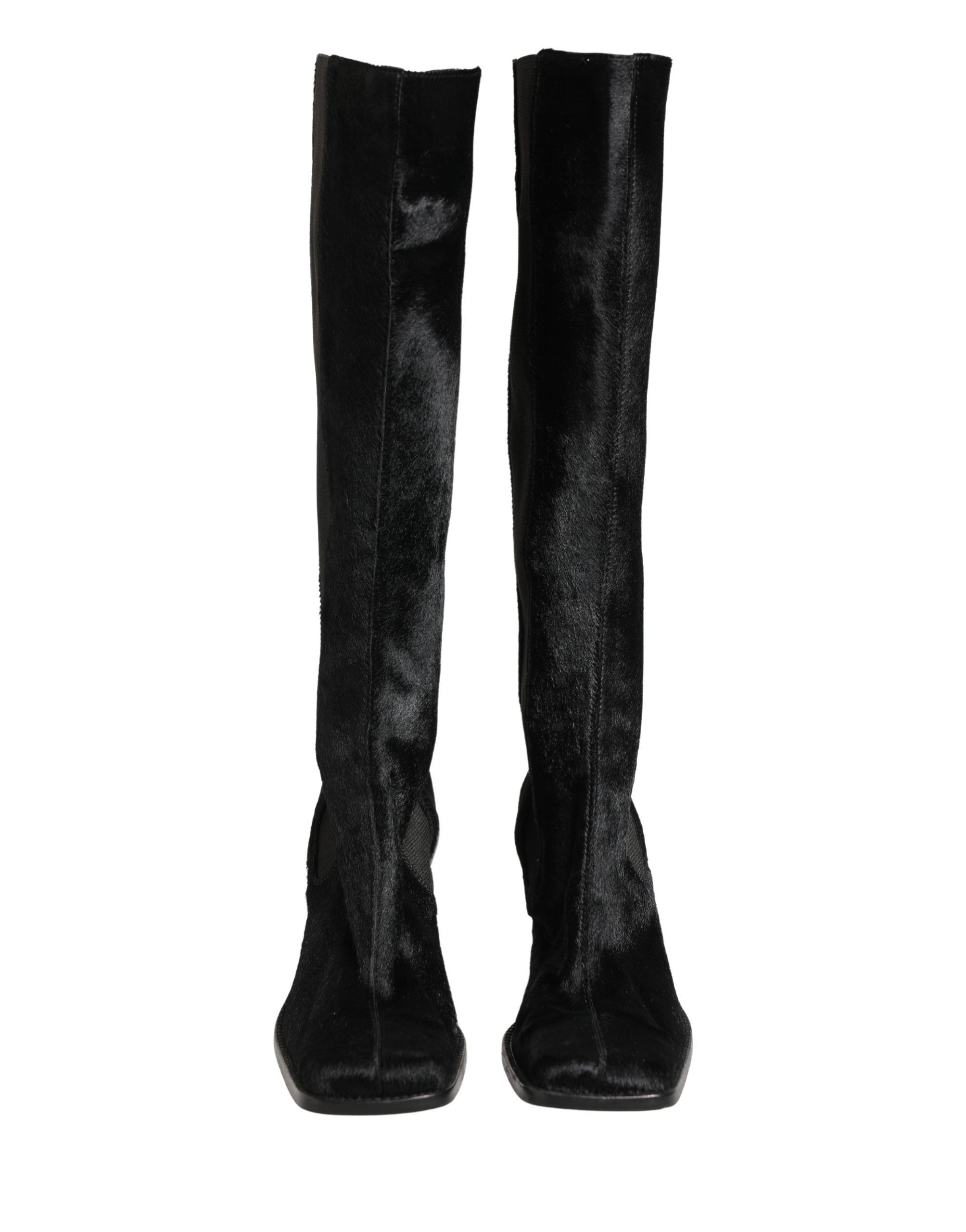 Bottes hautes en daim noir de Dolce & Gabbana, chaussures en cuir pour femme, style élégant et sophistiqué.