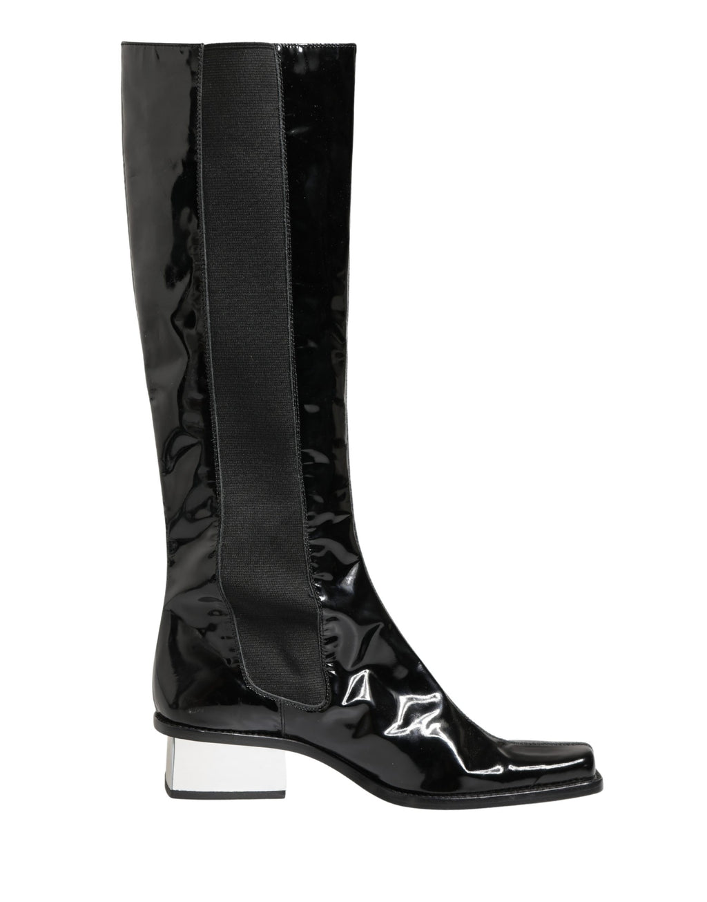 Bottes hautes en cuir verni noir Dolce & Gabbana, chaussures élégantes en cuir brillant avec talons.