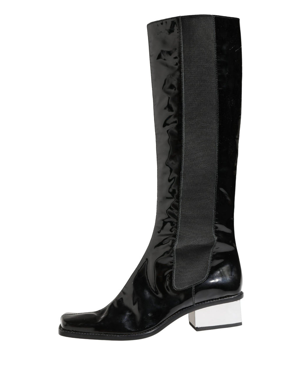 Bottes hautes en cuir verni noir de Dolce & Gabbana, chaussures élégantes en cuir brillant, style sophistiqué et mode.