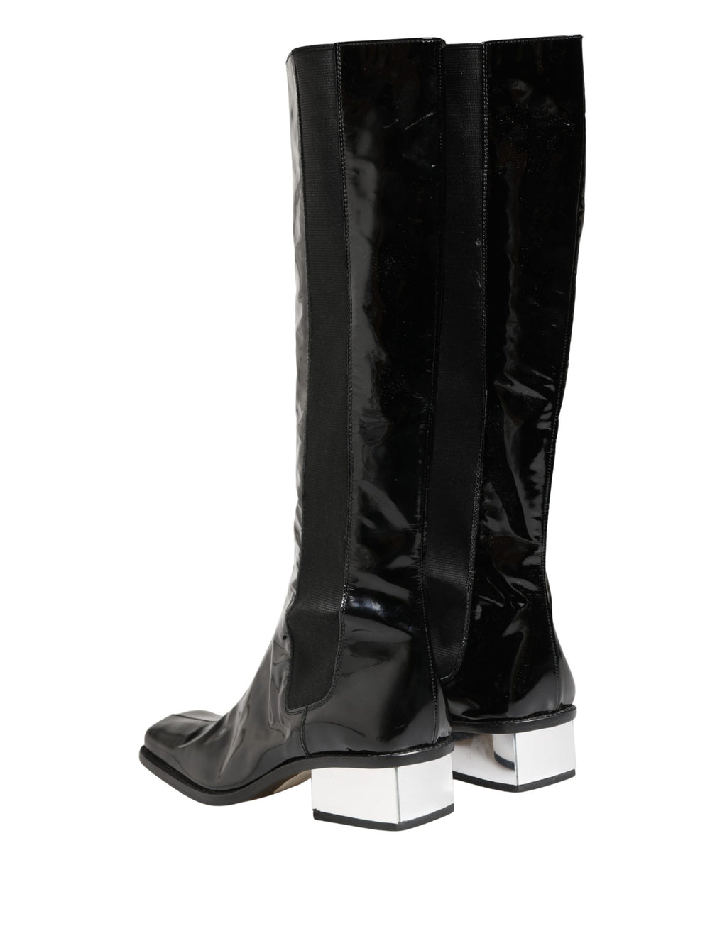 Bottes hautes en cuir verni noir de marque Dolce & Gabbana, chaussures élégantes en style sophistiqué.