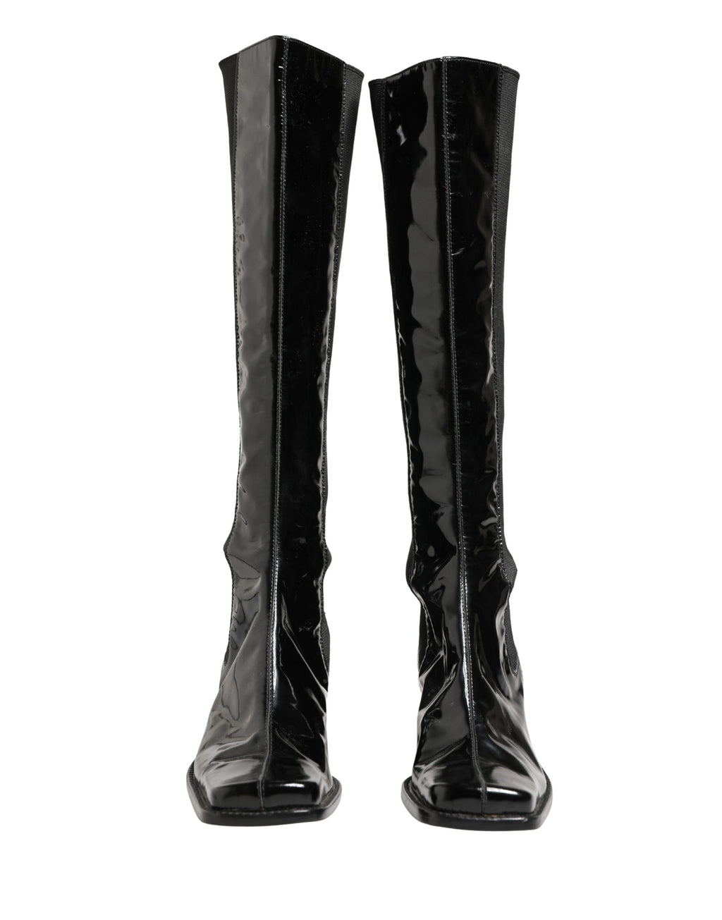 Bottes hautes en cuir verni noir de Dolce & Gabbana, chaussures élégantes en cuir patiné brillant.