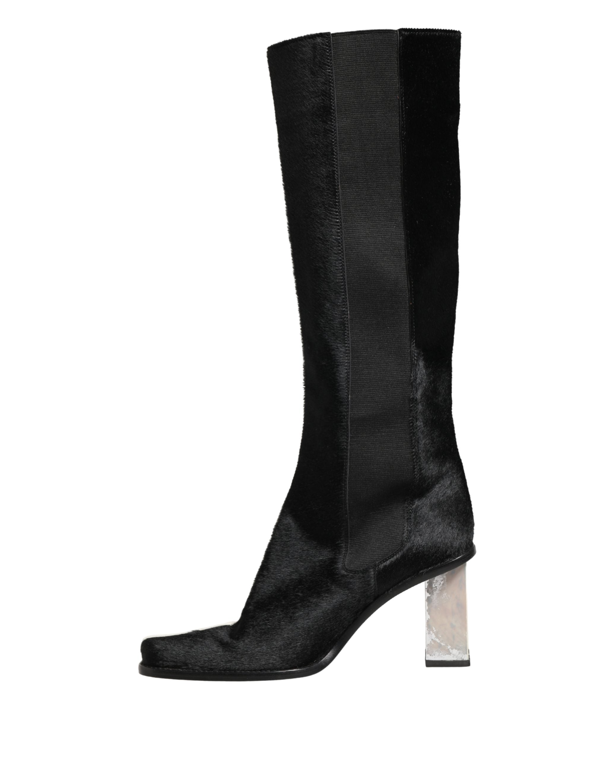 Bottes hautes en cuir blanc et noir de Dolce & Gabbana, chaussures longues élégantes pour femmes.