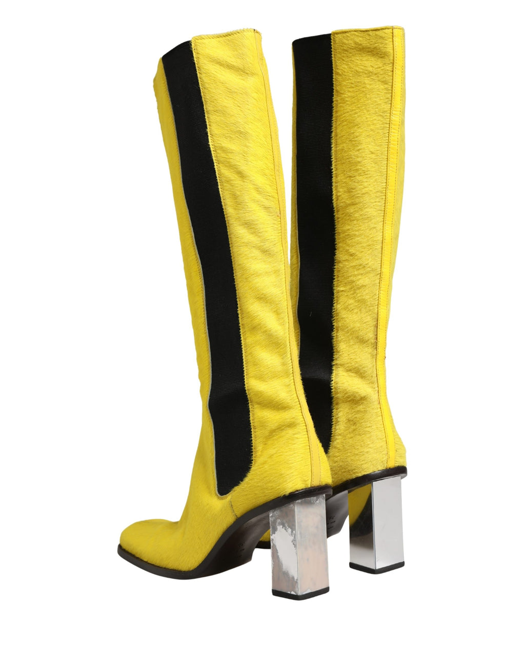 Bottes hautes en cuir jaune et noir de Dolce & Gabbana, chaussures élégantes en cuir pour femmes.