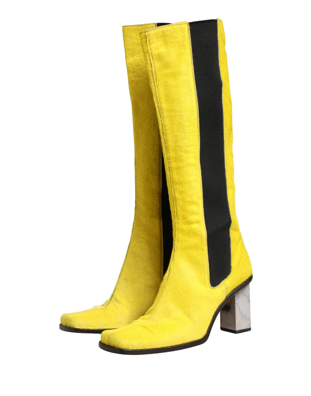 Bottes en cuir noir et jaune Dolce & Gabbana, hautes jusqu'au genou, style élégant et sophistiqué.