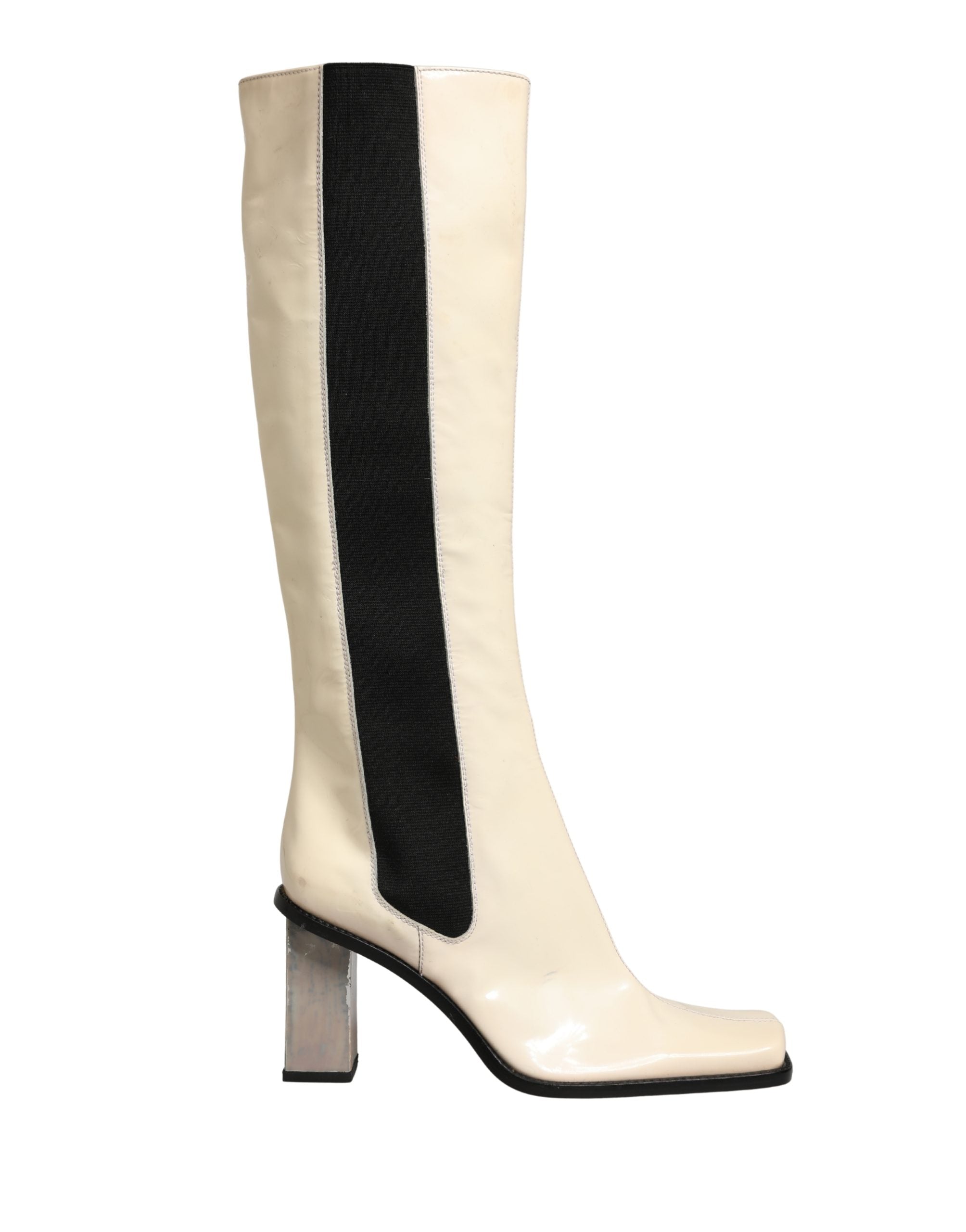 Bottes en cuir noir et blanc Dolce & Gabbana, bottes hautes jusqu'au genou avec design élégant et finition soignée.