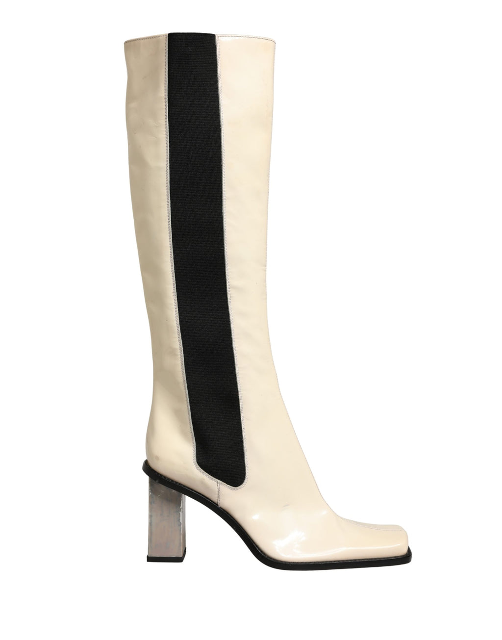 Bottes en cuir noir et blanc Dolce & Gabbana, hautes jusqu'au genou, avec design élégant et finition soignée.