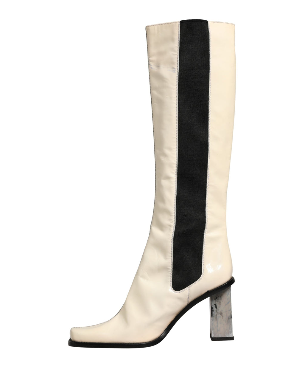 Bottes hautes en cuir blanc et noir de Dolce & Gabbana, chaussures élégantes en cuir pour femmes.