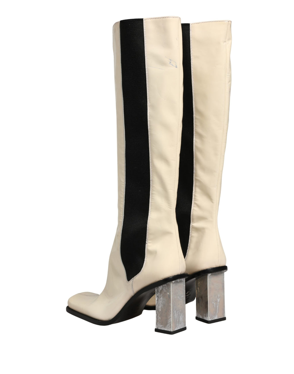 Bottes en cuir noir et blanc Dolce & Gabbana, bottes hautes jusqu'au genou avec détails élégants, chaussures de luxe pour femmes