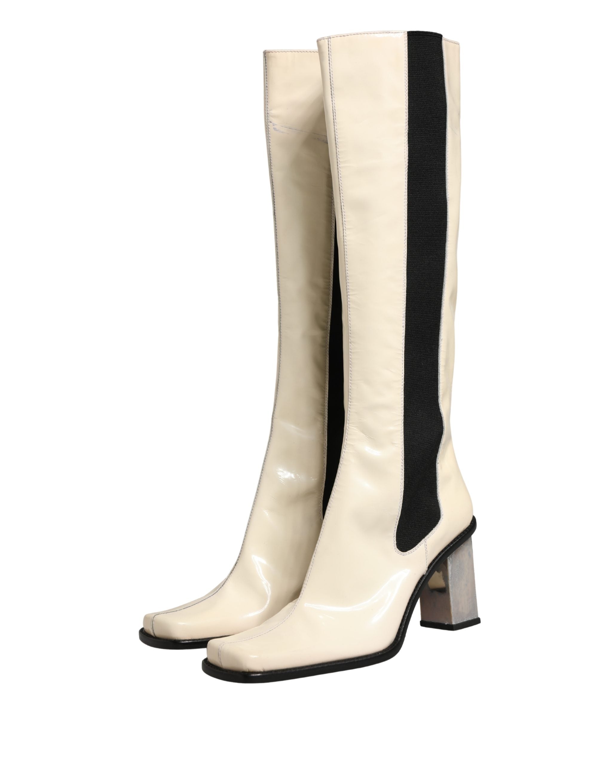 Bottes en cuir noir et blanc Dolce & Gabbana, bottes hautes jusqu'au genou, chaussures élégantes pour femmes.