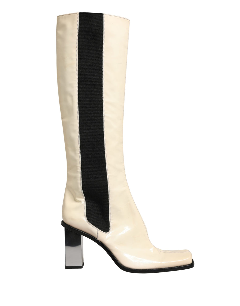 Bottes en cuir noires et blanches Dolce & Gabbana, mi-mollet, avec talons, chaussures élégantes pour femmes.