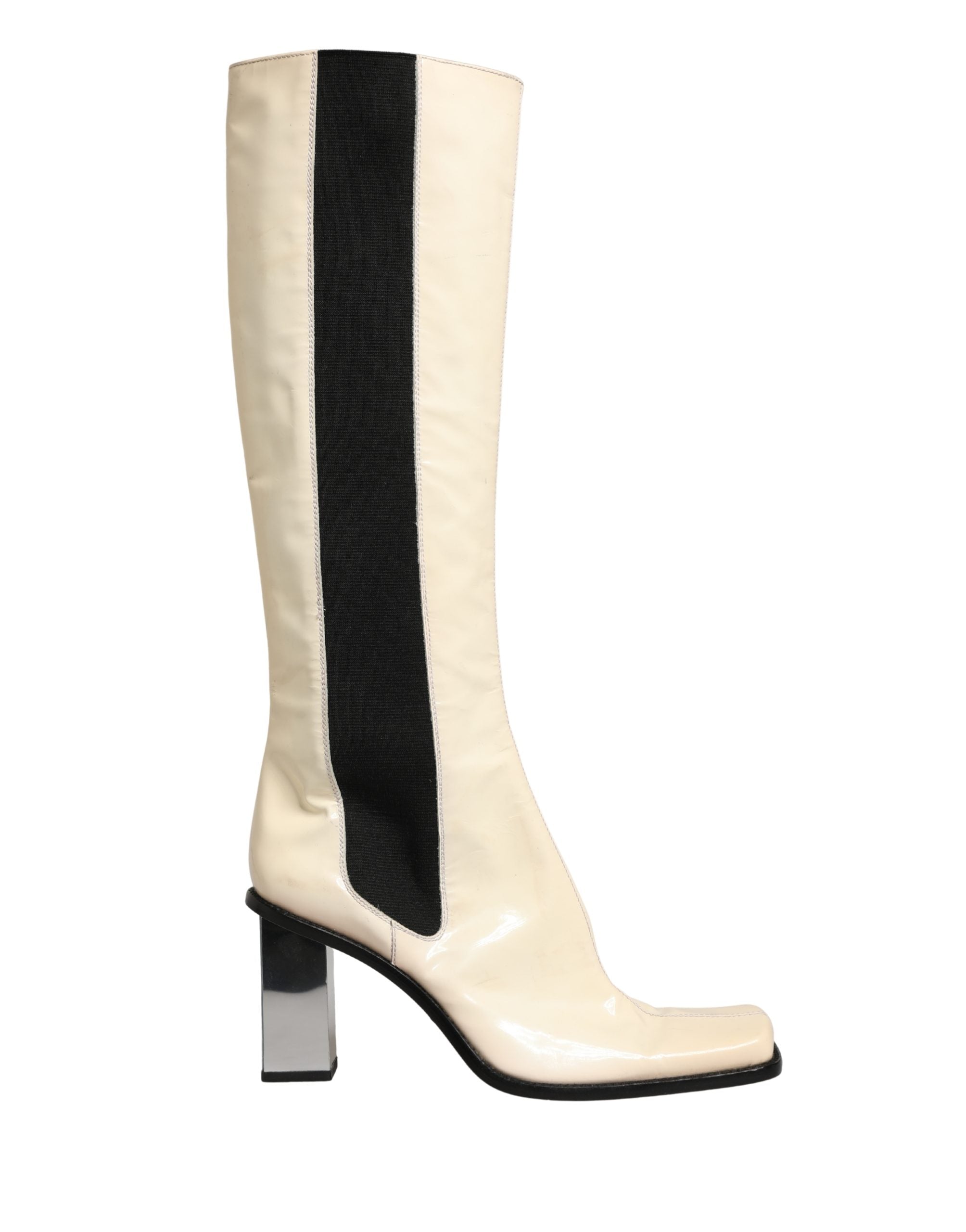 Bottes hautes en cuir blanc et noir de Dolce & Gabbana, chaussures élégantes en cuir pour femme.